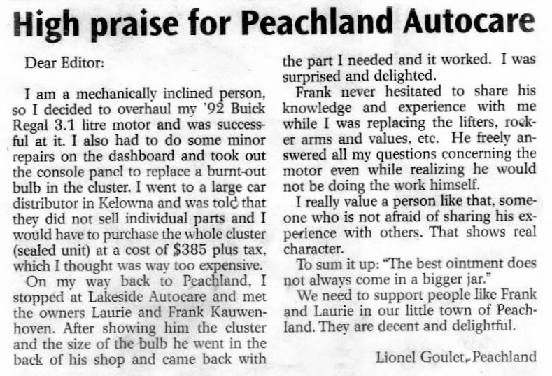 Customer testimonial for Lakeside Autocare