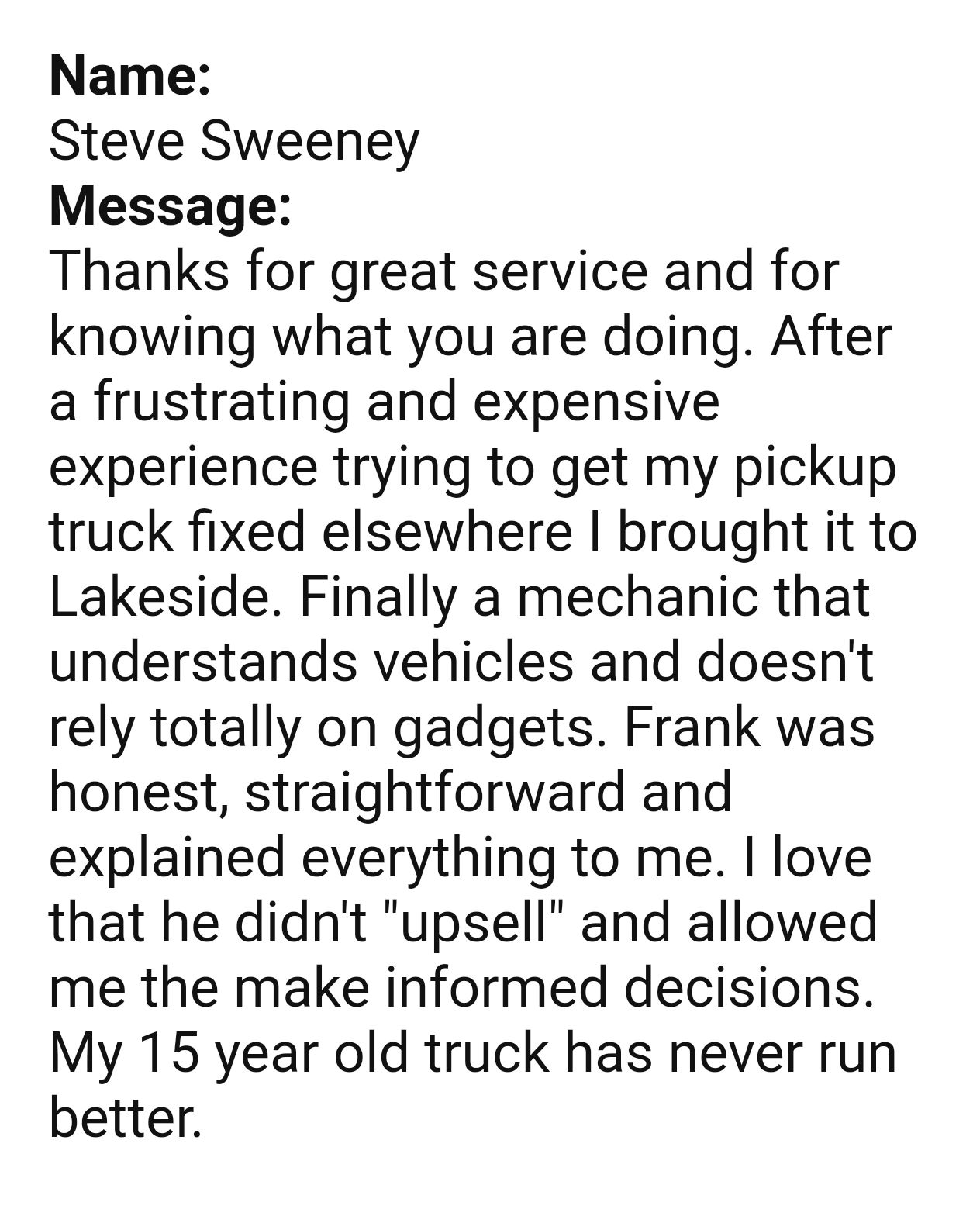 Customer testimonial for Lakeside Autocare